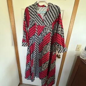 Red/white/black HAP Solo Indonesia cotton batik shirt/dress midi long sleeve